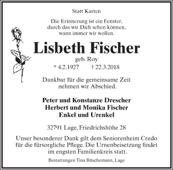 Anzeige  Lisbeth Fischer  Lippische Landes-Zeitung