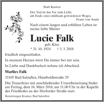 Anzeige  Lucie Falk  Lippische Landes-Zeitung
