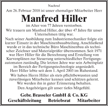 Anzeige  Manfred Hiller  Lippische Landes-Zeitung