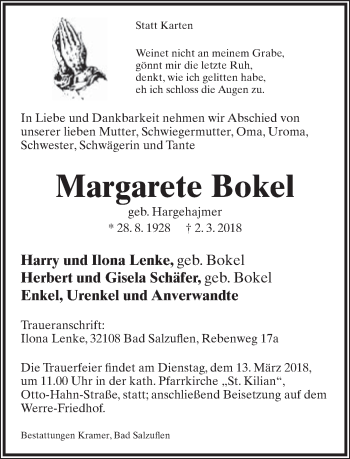 Anzeige  Margarete Bokel  Lippische Landes-Zeitung