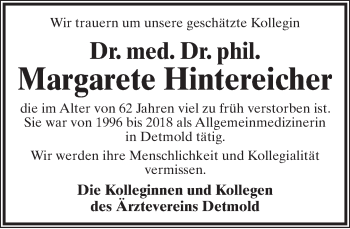 Anzeige  Margarete Hintereicher  Lippische Landes-Zeitung