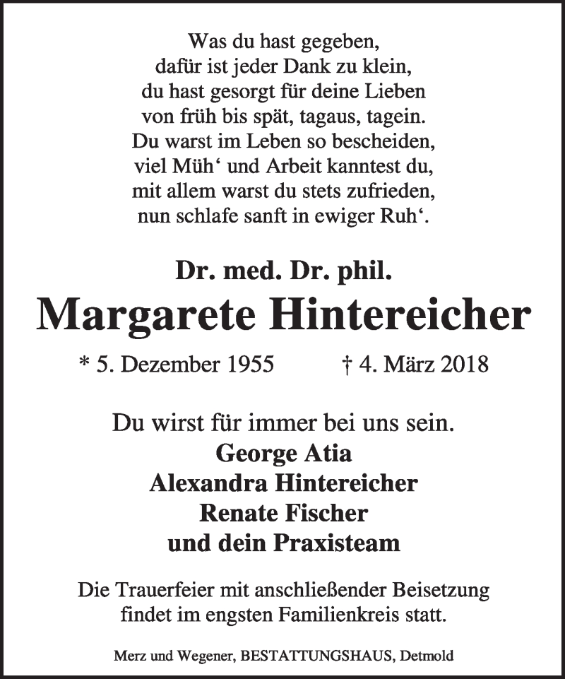  Traueranzeige für Margarete Hintereicher vom 09.03.2018 aus Lippische Landes-Zeitung