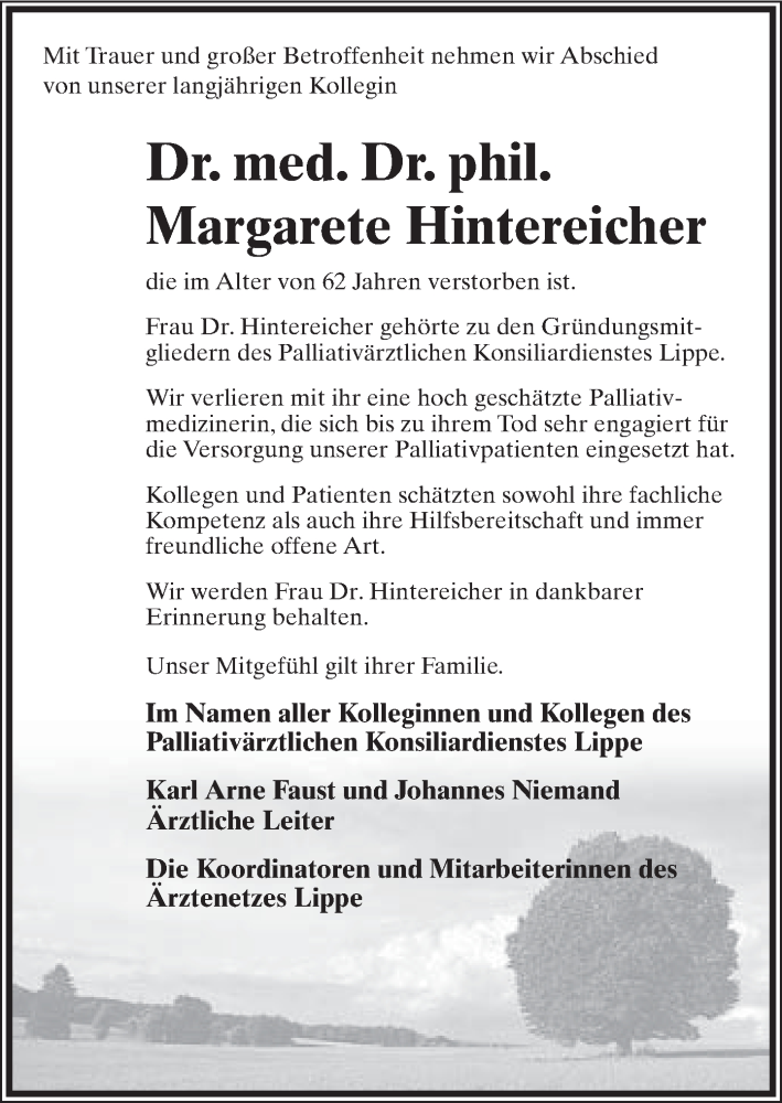  Traueranzeige für Margarete Hintereicher vom 09.03.2018 aus Lippische Landes-Zeitung