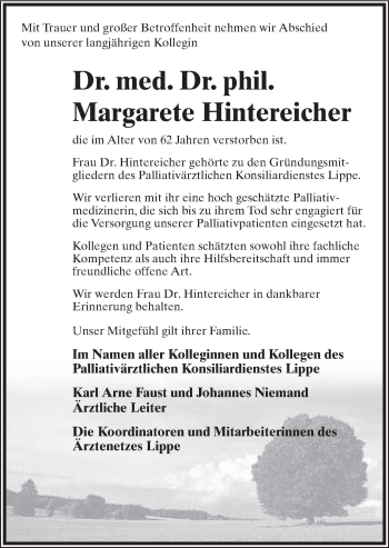 Anzeige  Margarete Hintereicher  Lippische Landes-Zeitung