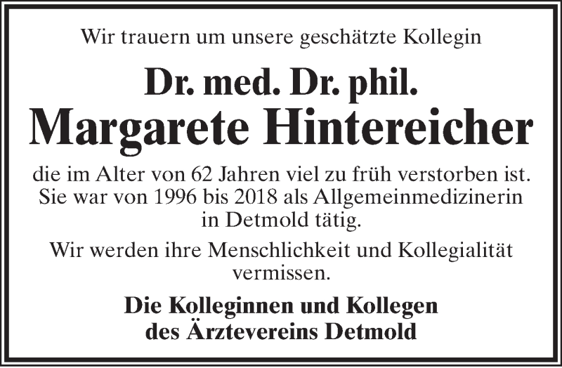  Traueranzeige für Margarete Hintereicher vom 17.03.2018 aus Lippische Landes-Zeitung