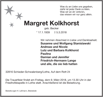 Anzeige  Margret Kolkhorst  Lippische Landes-Zeitung