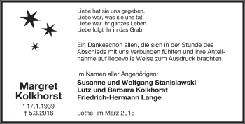 Anzeige  Margret Kolkhorst  Lippische Landes-Zeitung