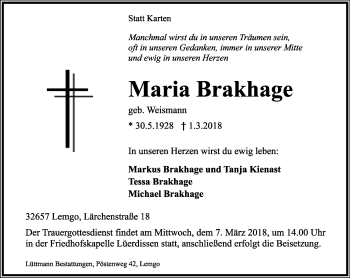 Anzeige  Maria Brakhage  Lippische Landes-Zeitung