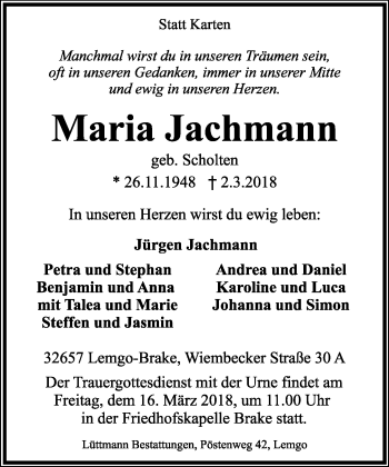Anzeige  Maria Jachmann  Lippische Landes-Zeitung