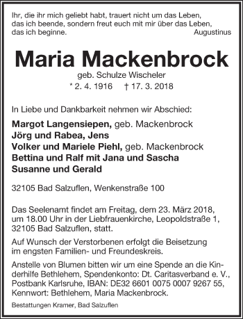 Anzeige  Maria Mackenbrock  Lippische Landes-Zeitung