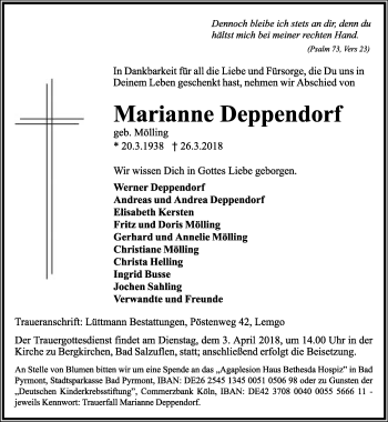 Anzeige  Marianne Deppendorf  Lippische Landes-Zeitung