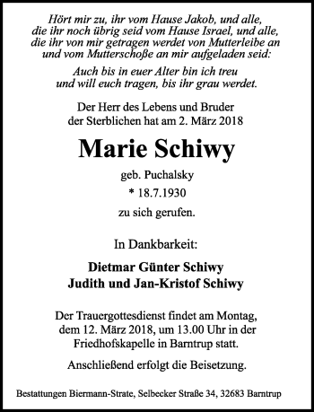 Anzeige  Marie Schiwy  Lippische Landes-Zeitung