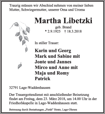 Anzeige  Martha Libetzki  Lippische Landes-Zeitung