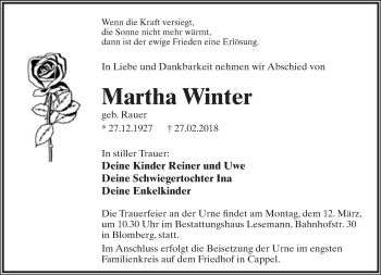 Anzeige  Martha Winter  Lippische Landes-Zeitung