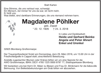 Anzeige  Magdalene Pöhlker  Lippische Landes-Zeitung