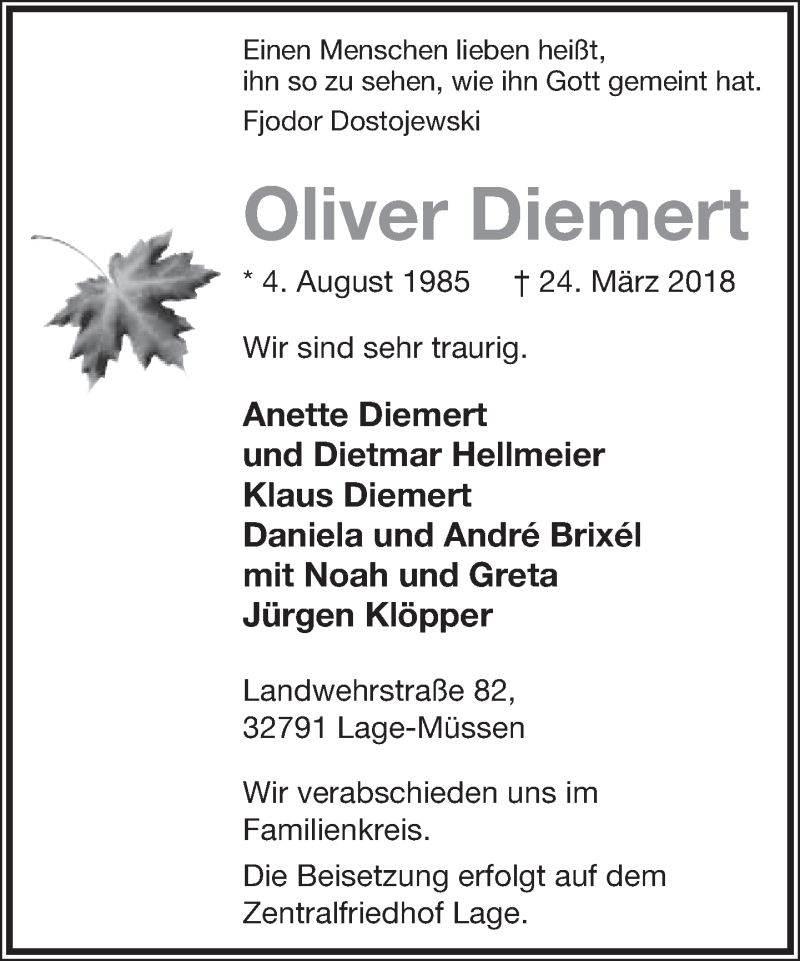  Traueranzeige für Oliver Diemert vom 30.03.2018 aus Lippische Landes-Zeitung