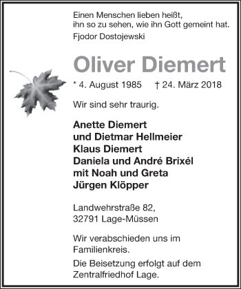 Anzeige  Oliver Diemert  Lippische Landes-Zeitung