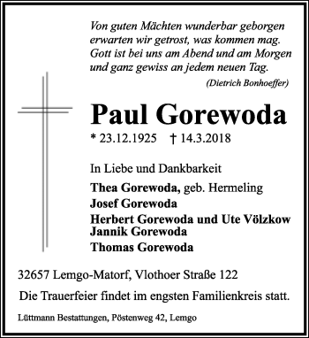 Anzeige  Paul Gorewoda  Lippische Landes-Zeitung
