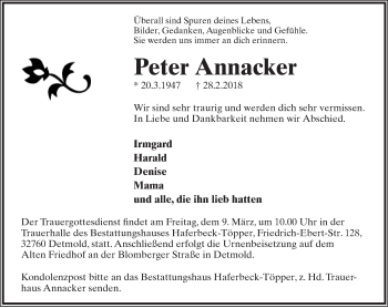 Anzeige  Peter Annacker  Lippische Landes-Zeitung