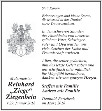 Anzeige  Reinhard Ziegenbein  Lippische Landes-Zeitung