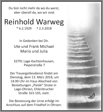 Anzeige  Reinhold Warweg  Lippische Landes-Zeitung