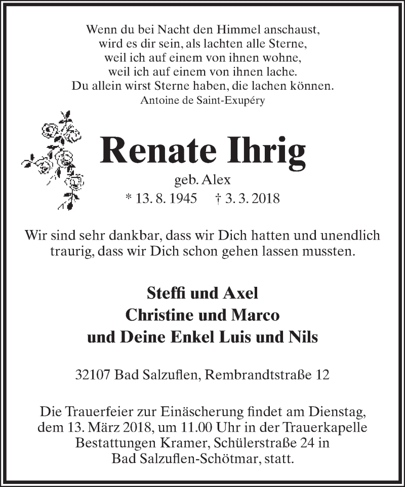 Traueranzeige für Renate Ihrig vom 07.03.2018 aus Lippische Landes-Zeitung