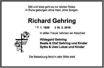 Anzeige  Richard Gehring  Lippische Landes-Zeitung