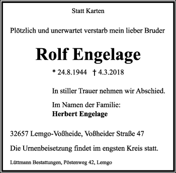 Anzeige  Rolf Engelage  Lippische Landes-Zeitung