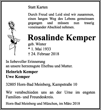 Anzeige  Rosalinde Kemper  Lippische Landes-Zeitung