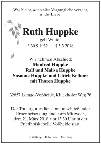 Anzeige  Ruth Huppke  Lippische Landes-Zeitung