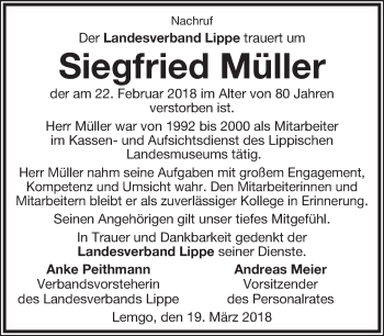 Anzeige  Siegfried Müller  Lippische Landes-Zeitung