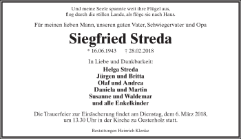 Anzeige  Siegfried Streda  Lippische Landes-Zeitung