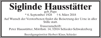 Anzeige  Siglinde Hausstätter  Lippische Landes-Zeitung