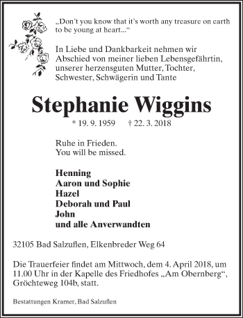 Anzeige  Stephanie Wiggins  Lippische Landes-Zeitung