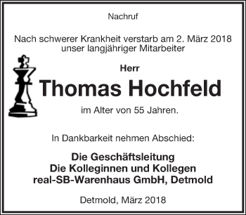 Anzeige  Thomas Hochfeld  Lippische Landes-Zeitung