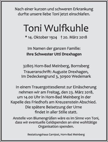 Anzeige  Toni Wulfkuhle  Lippische Landes-Zeitung