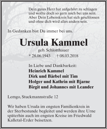 Anzeige  Ursula Kammel  Lippische Landes-Zeitung