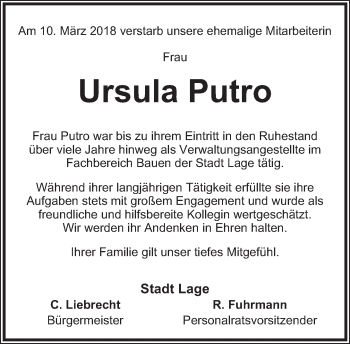 Anzeige  Ursula Putro  Lippische Landes-Zeitung