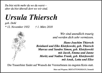 Anzeige  Ursula Thiersch  Lippische Landes-Zeitung