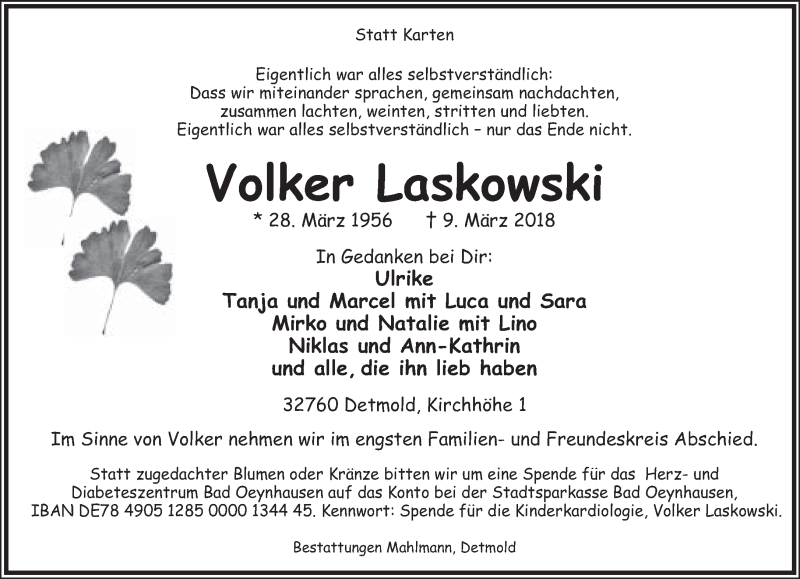  Traueranzeige für Volker Laskowski vom 17.03.2018 aus Lippische Landes-Zeitung