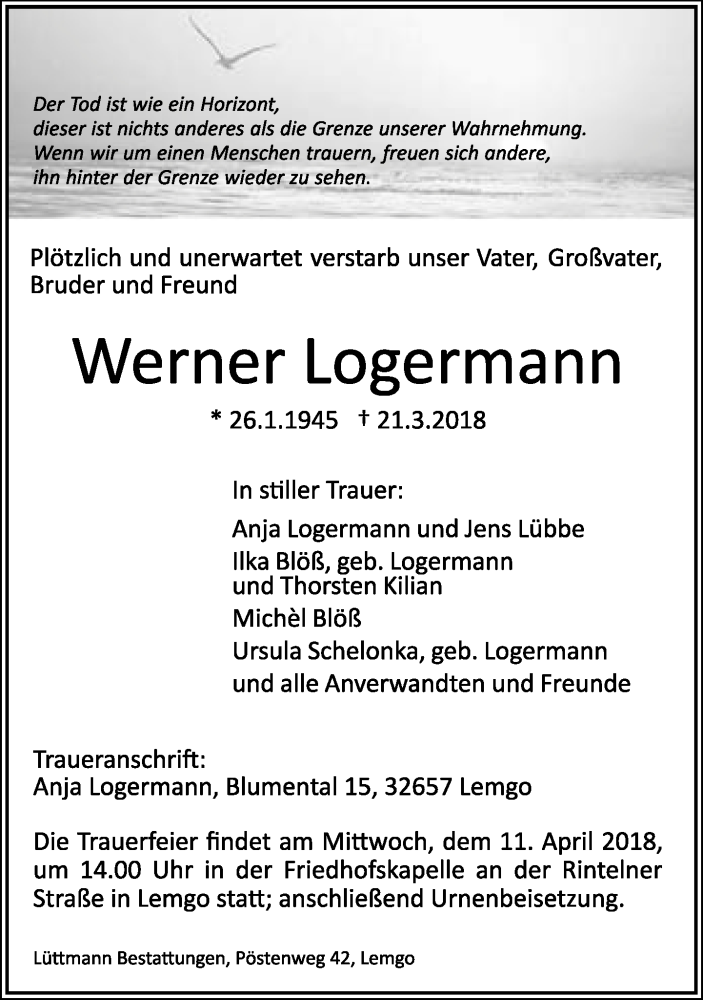  Traueranzeige für Werner Logermann vom 30.03.2018 aus Lippische Landes-Zeitung