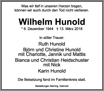 Anzeige  Wilhelm Hunold  Lippische Landes-Zeitung
