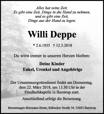 Anzeige  Willi Deppe  Lippische Landes-Zeitung