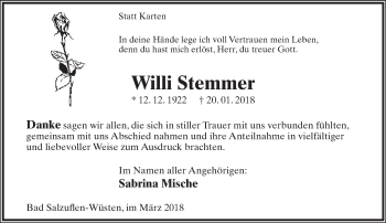 Anzeige  Willi Stemmer  Lippische Landes-Zeitung