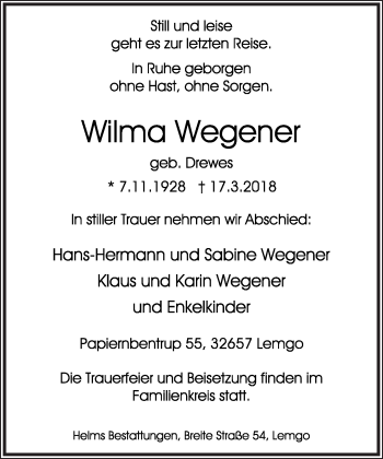 Anzeige  Wilma Wegener  Lippische Landes-Zeitung