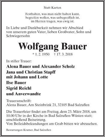 Anzeige  Wolfgang Bauer  Lippische Landes-Zeitung