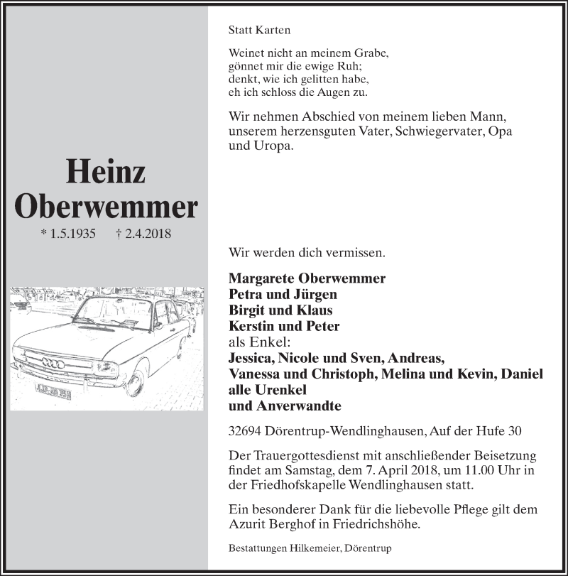  Traueranzeige für Heinz Oberwemmer vom 04.04.2018 aus Lippische Landes-Zeitung