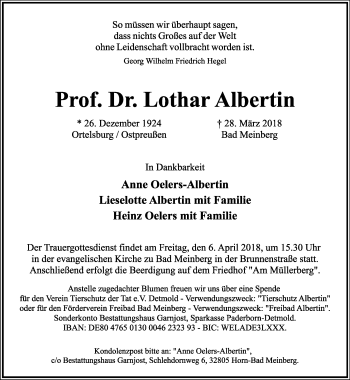 Anzeige  Lothar Albertin  Lippische Landes-Zeitung
