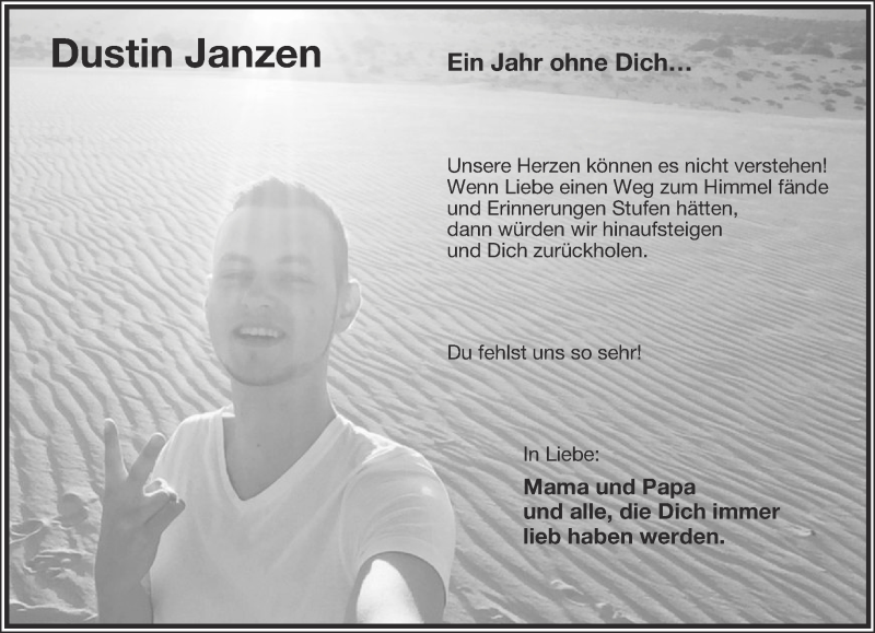  Traueranzeige für Dustin Janzen vom 24.04.2018 aus Lippische Landes-Zeitung