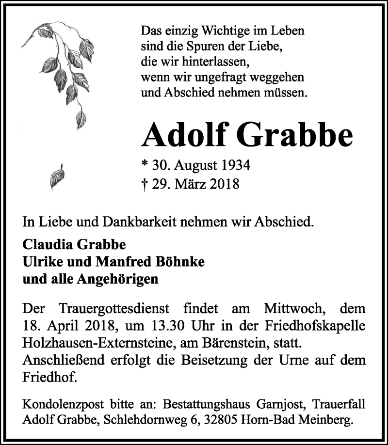  Traueranzeige für Adolf Grabbe vom 14.04.2018 aus Lippische Landes-Zeitung